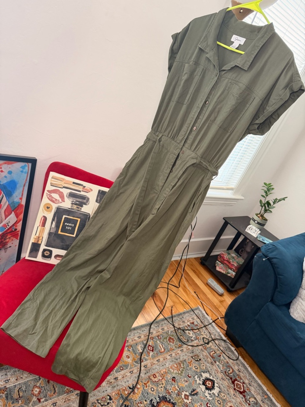 Casual Olive Green Button-Front Jumpsuit